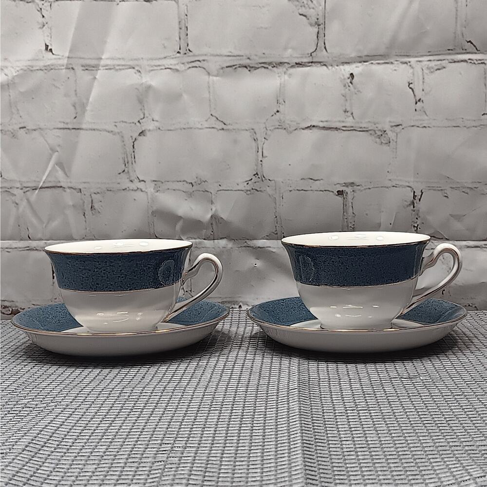 NIKKO Double Phoenix Ironstone Riviera Slate Blue Set of 2 Teacups & Saucers